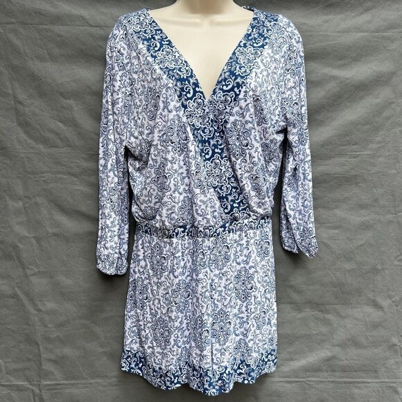 LOFT Pants - LOFT Beach Romper Cover Up Blue White Shorts 3/4 Sleeve V-Neck Size Small S